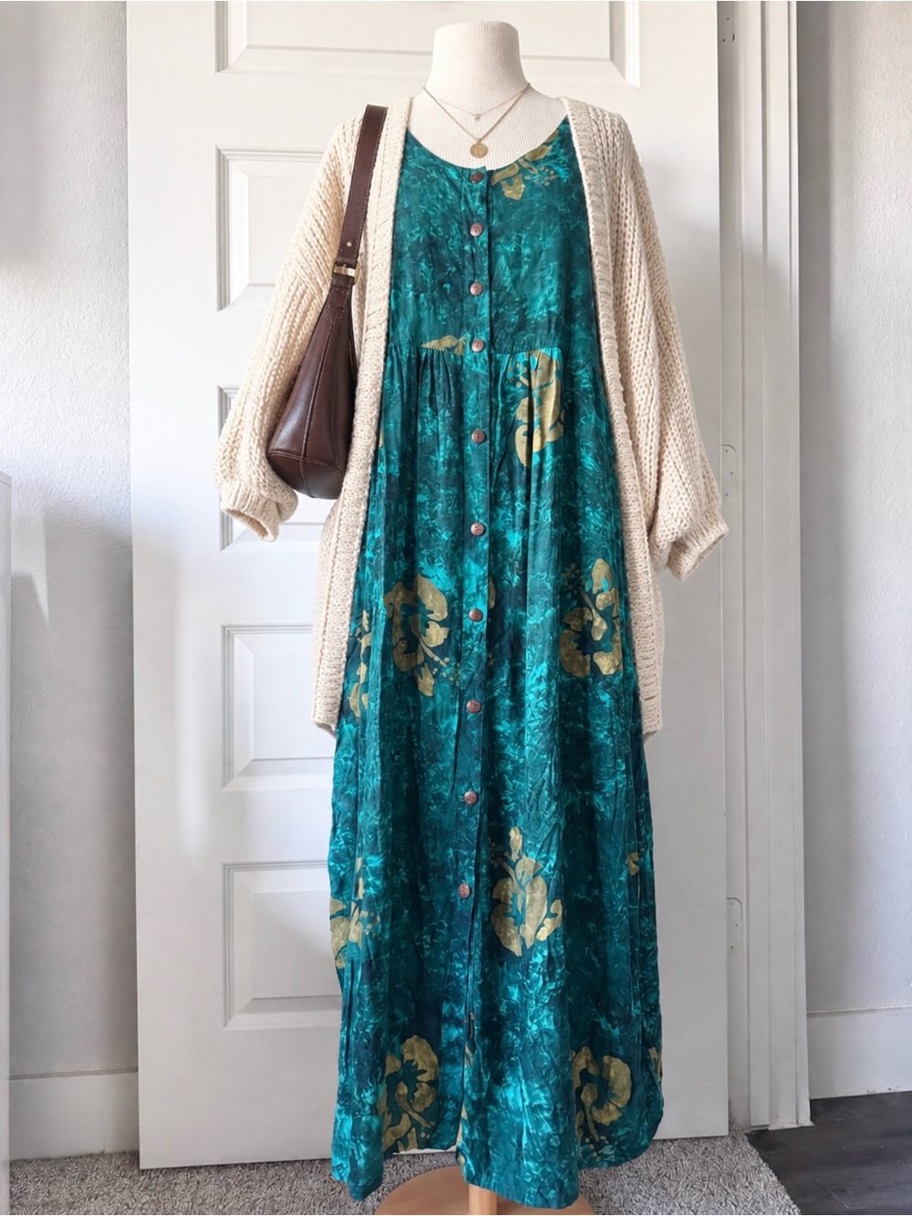 Vintage 2000’s Hibiscus Collection Teal Green Floral Button Front Boho Maxi Dres